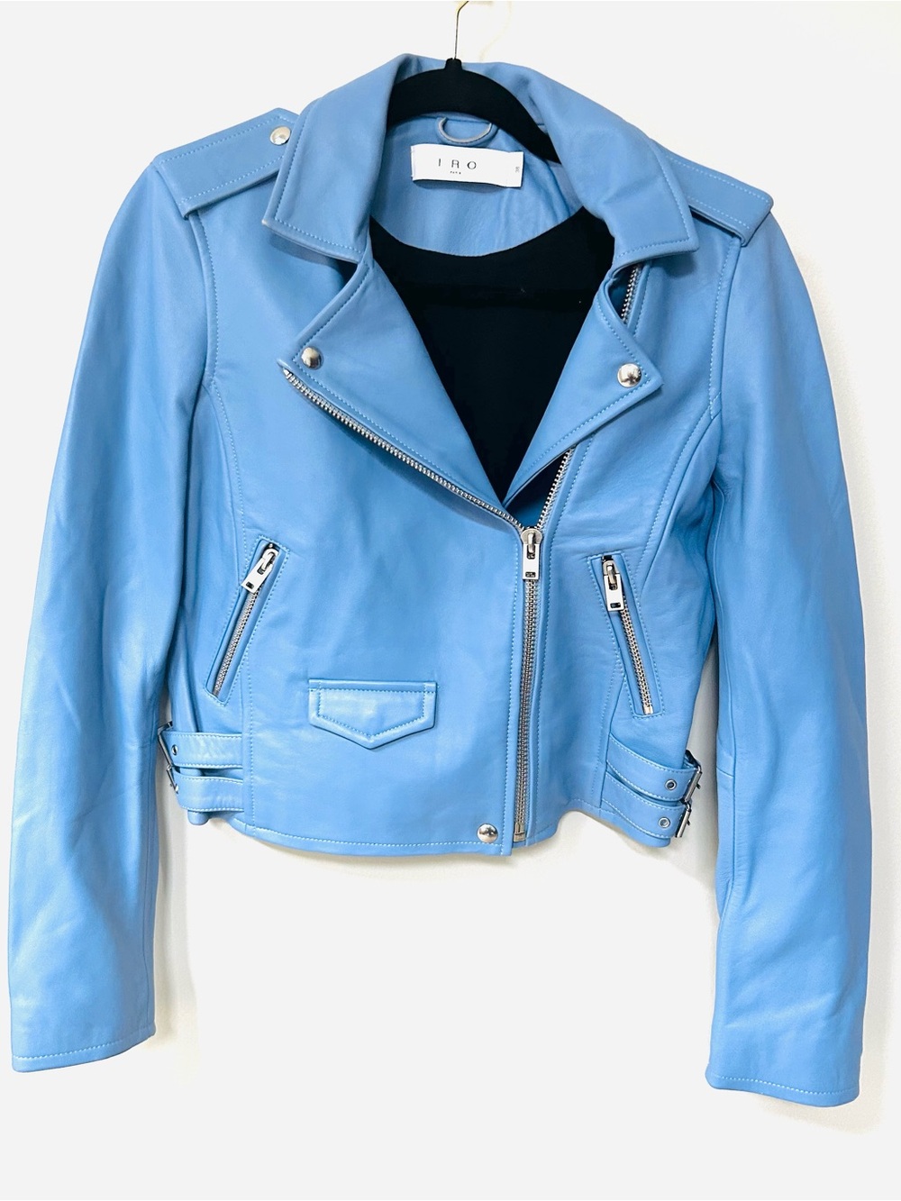 Iro Asheville Azure Blue Women’s Euro 38 US 6 Leather Moto Jacket VGC